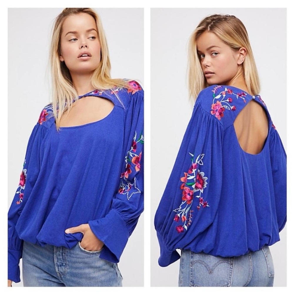 Free People Size XS Blue Embroidered Lita Blouse Top Long Sleeve Boho Floral
